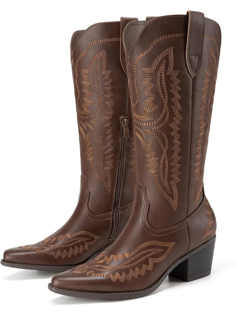 Women's Brown Leather Square Toe Embroidery Western Mid Calf Cowgirl Boots - Picture 6 of 6